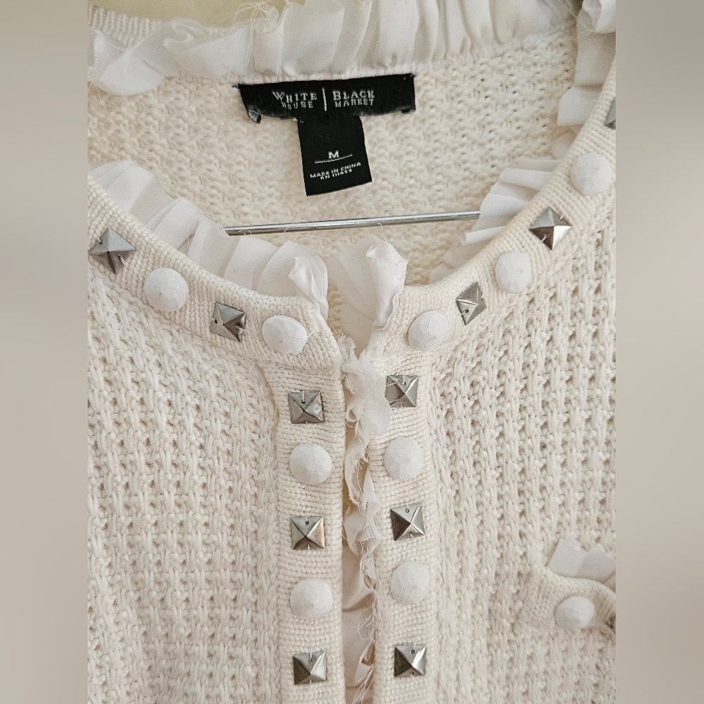 White House Black Market Cream Ruffle/Jewel Detail  Sweater Cardigan-Size Medium - Picture 2 of 12